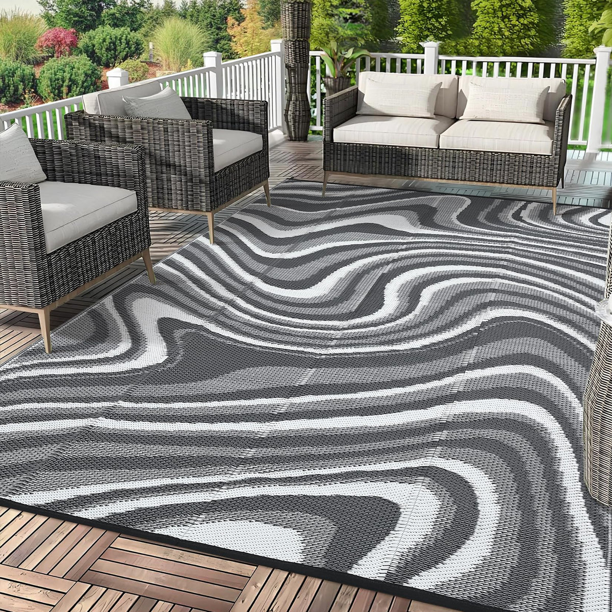 Garvee 5x8 Outdoor Rug Waterproof Modern Plastic Straw Rugs, Black Grey