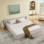 Grounded Bed Upholstered Platform Bed with Unique Design Thick Fabric Headboard, Wood Platform Bed Frame for Kids Adults Bedroom Furniture, Upholstered Floor Bed (Beige-1, King)
