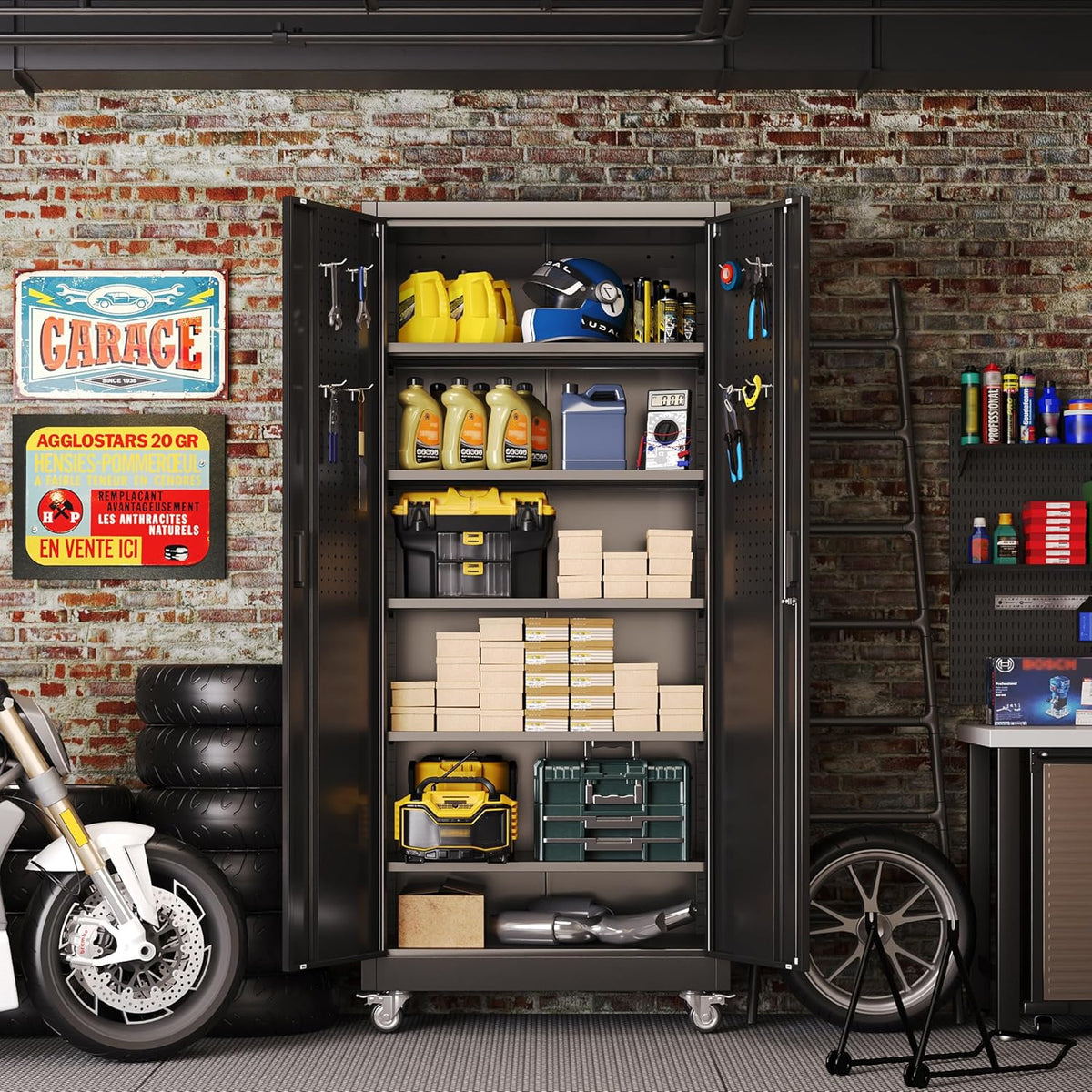 Aobabo 71" Metal Storage Cabinet with Wheels, 5 Shelves & Pegboards, Black
