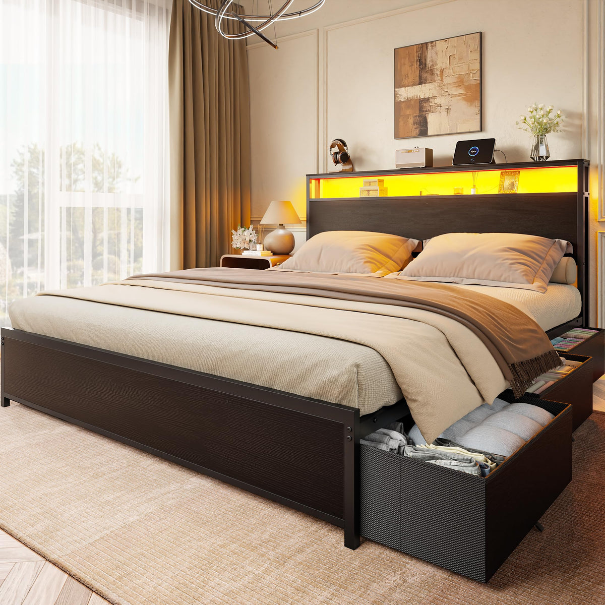 Forestell King Size Bed Frame with 2-Tier Storage Headboard & 6 Drawers