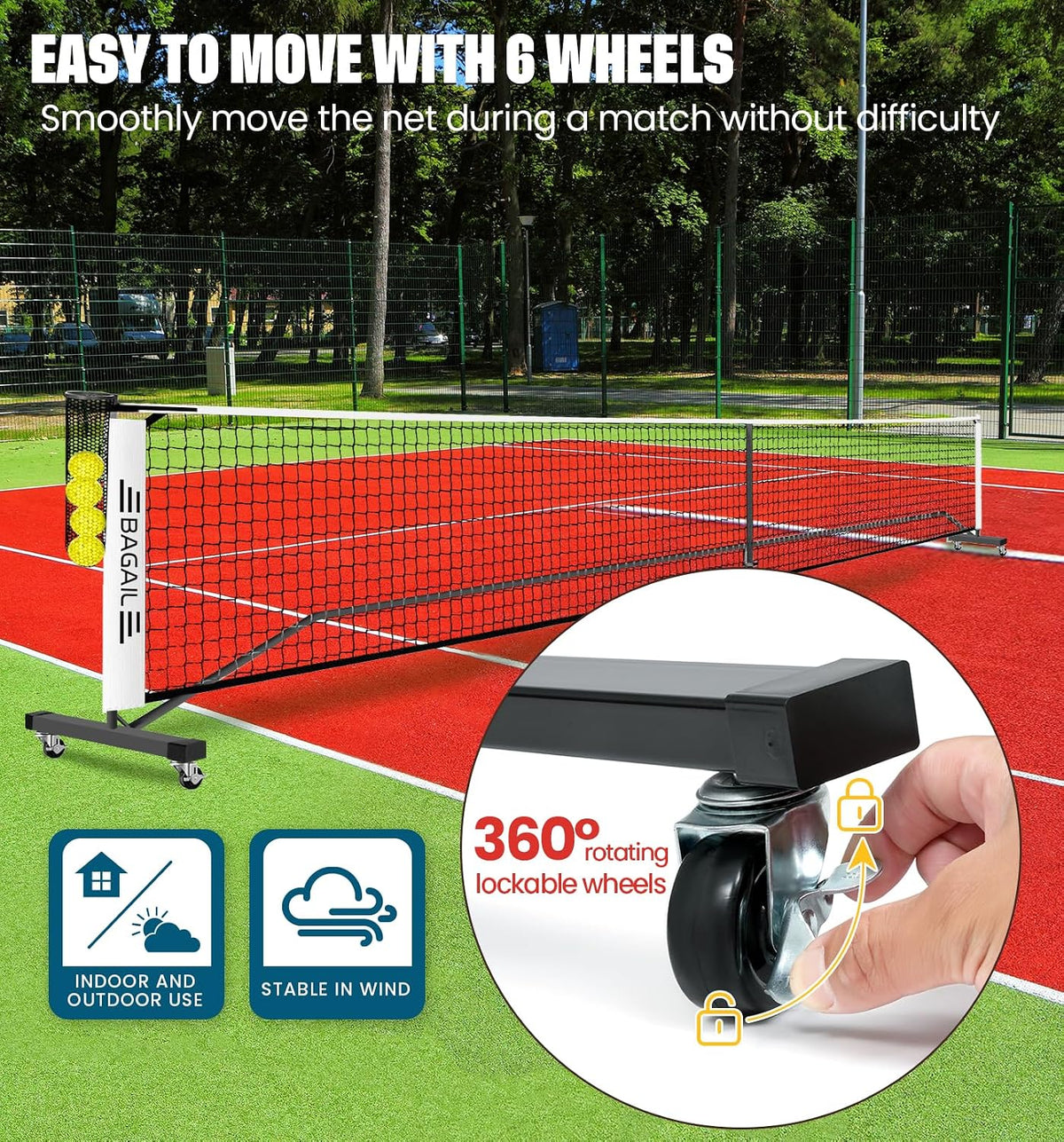 BAGAIL Portable Pickleball Net Set, 22 FT Regulation Size Pickle Ball Net with Ball Collector, 4 Balls and Carry Bag, Easy Setup for Outdoor Indoor Driveway
