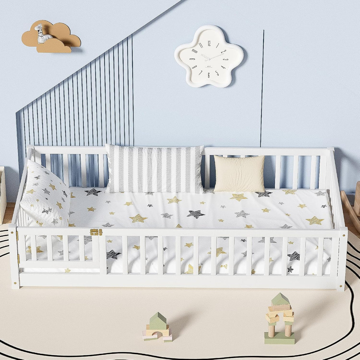 i-POOK Twin Floor Bed for Children, Sturdy Wood Montessori Bed Frame with Wood Slats, High Fence & Small Door, Montessori Floor Bed for Girls and Boys, White