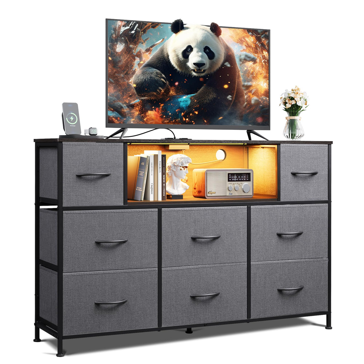 WLIVE LED Black Dresser TV Stand for 55 Inch TV, 8 Drawers