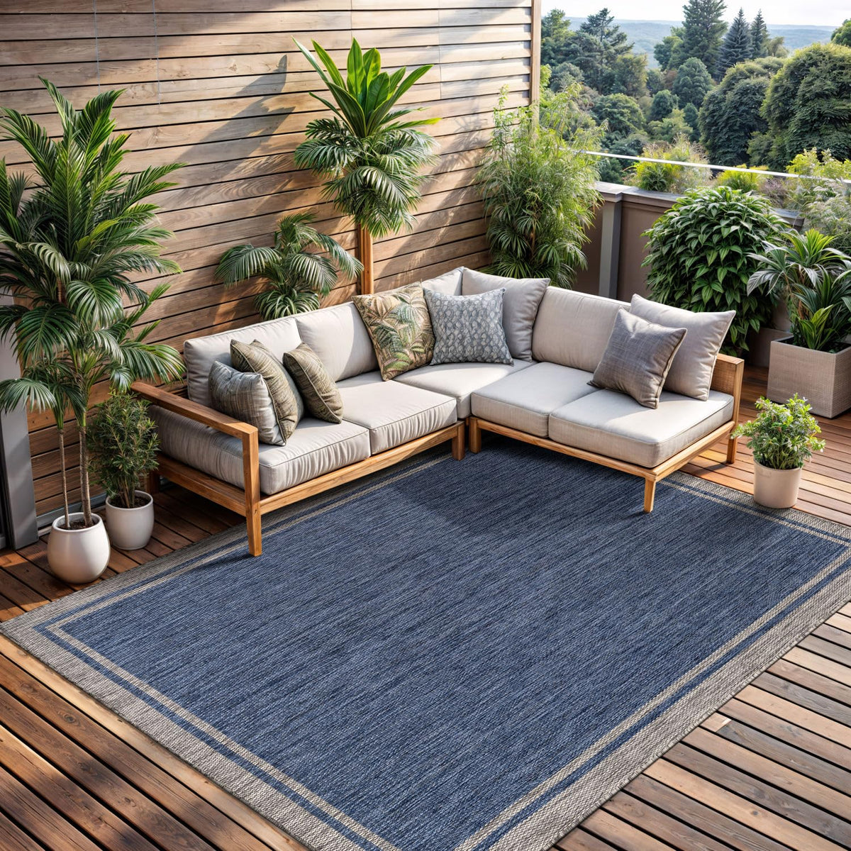 CAMILSON Outdoor Rug 6x9, Modern Outside Rugs for Patios Porches Waterproof Durable Washable Non-Shedding, Easy-to-Clean Indoor Outdoor Area Carpet (6 x 9, Bordered - Blue/White)
