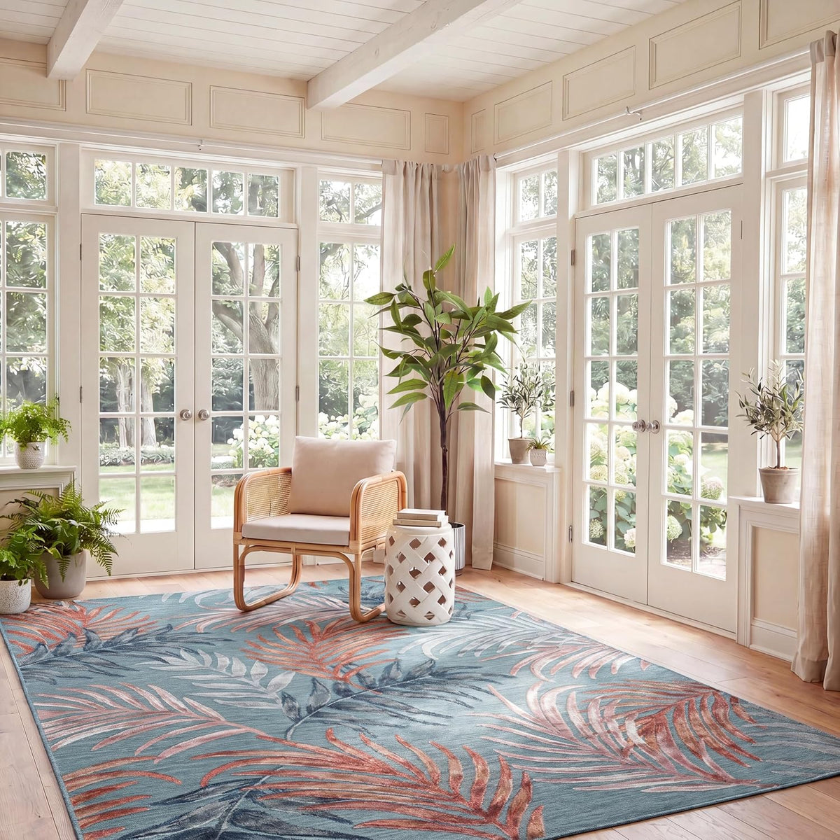 SAFAVIEH Washable Rug Outdoor Cabana Collection - 6'5" x 9'6", Blue & Rust, Non-Shedding & Easy to Clean, Ideal for Patio, Backyard, Mudroom (CBN458M)