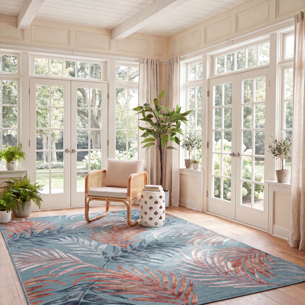 SAFAVIEH Washable Rug Outdoor Cabana Collection - 6'5" Round, Blue & Rust, Non-Shedding & Easy to Clean, Ideal for Patio, Backyard, Mudroom (CBN458M)