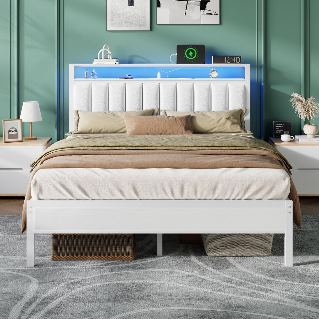 Furnulem Full Size Bed Frame with Charging Station and LED Lights