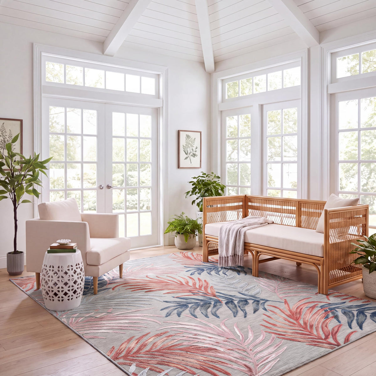 SAFAVIEH Washable Rug Outdoor Cabana Collection - 6'5" Round, Blue & Rust, Non-Shedding & Easy to Clean, Ideal for Patio, Backyard, Mudroom (CBN458M)