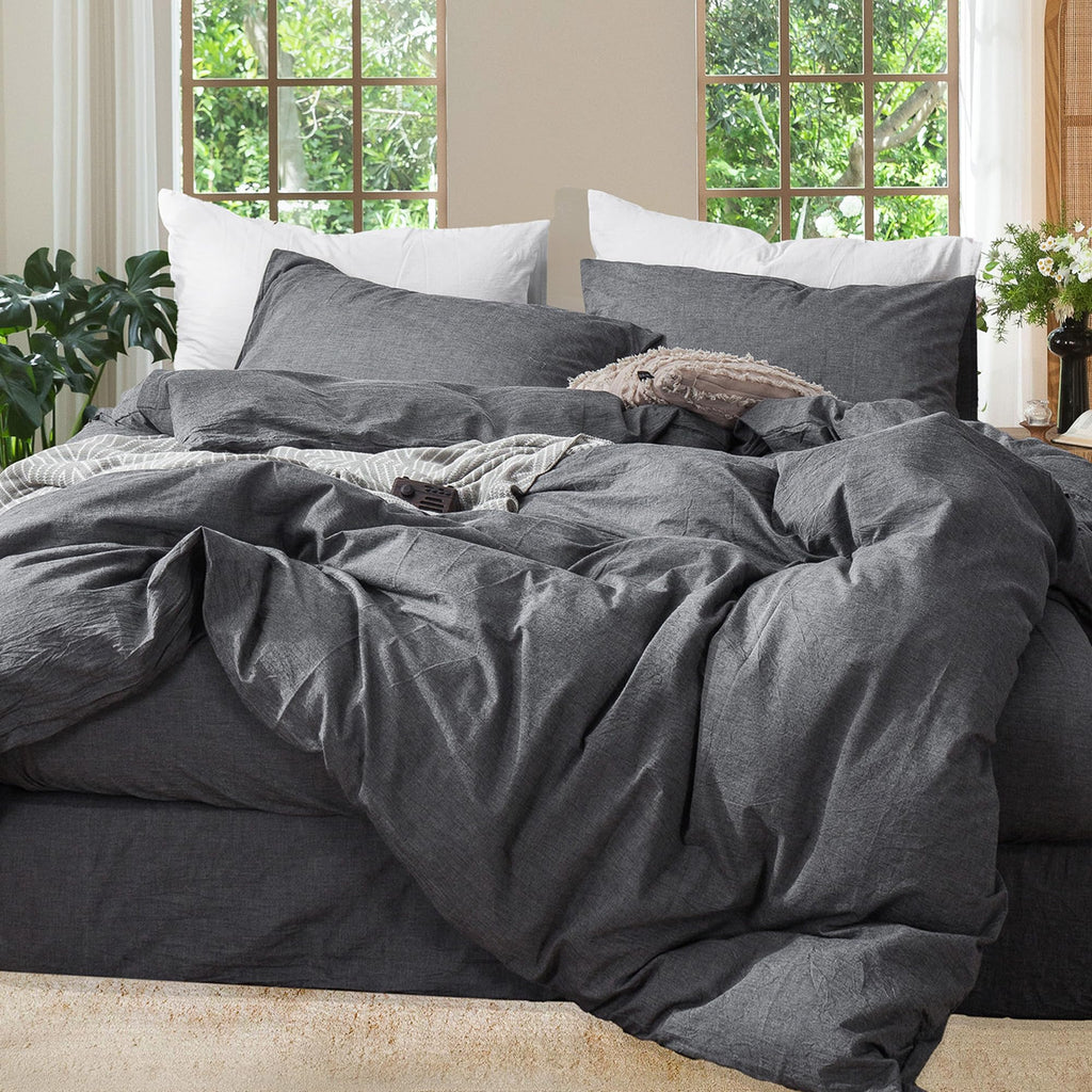 MooMee Duvet Cover Set 100% Washed Cotton Linen Like King