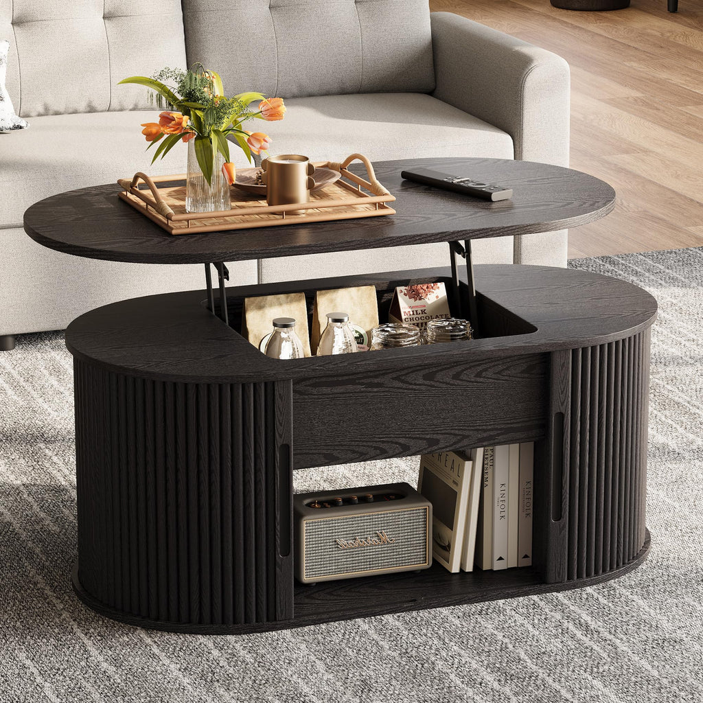 LINSY Lift Top Coffee Table, Round Fluted Coffee Table with Storage, Mid Century Modern Wooden Coffee Tables with Sliding Tambour Door, 31.5" Center Table for Living Room, Office, Small Space, Walnut