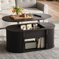 LINSY Lift Top Coffee Table, Round Fluted Coffee Table with Storage, Mid Century Modern Wooden Coffee Tables with Sliding Tambour Door, 31.5" Center Table for Living Room, Office, Small Space, Walnut