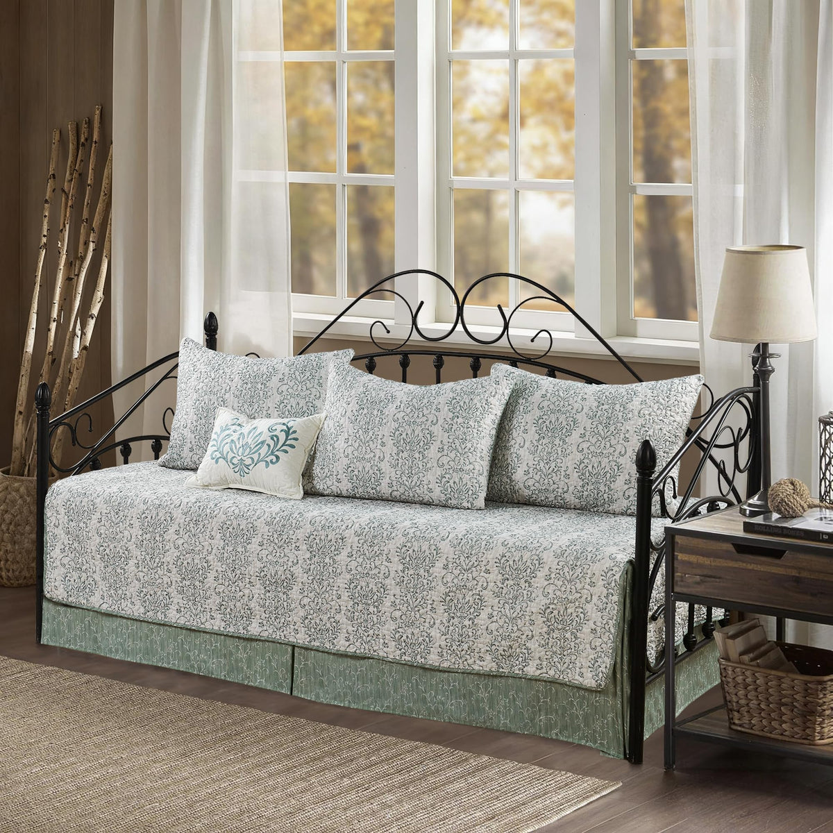 5-Piece Quilted Microfiber Daybed Cover Set with Floral Embroidery, All Season Luxurious Bedding with Matching Shams and Bed Skirt, 75"x39", Pink Flower