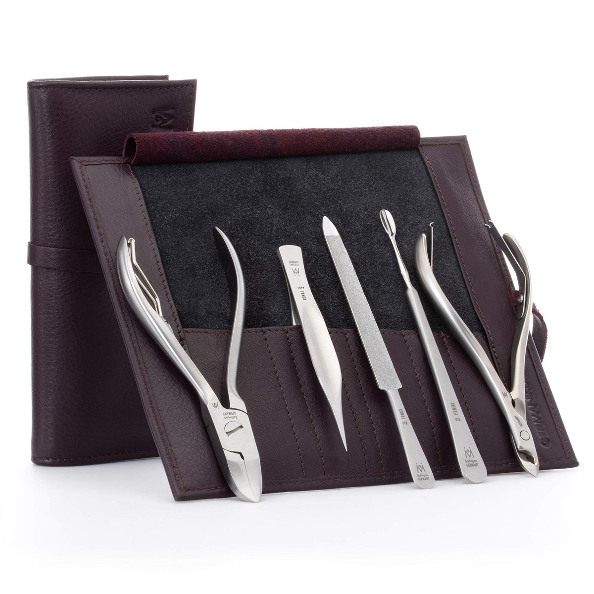 GERMANIKURE 7pc Manicure & Pedicure Set, FINOX Steel, Purple Leather Roll