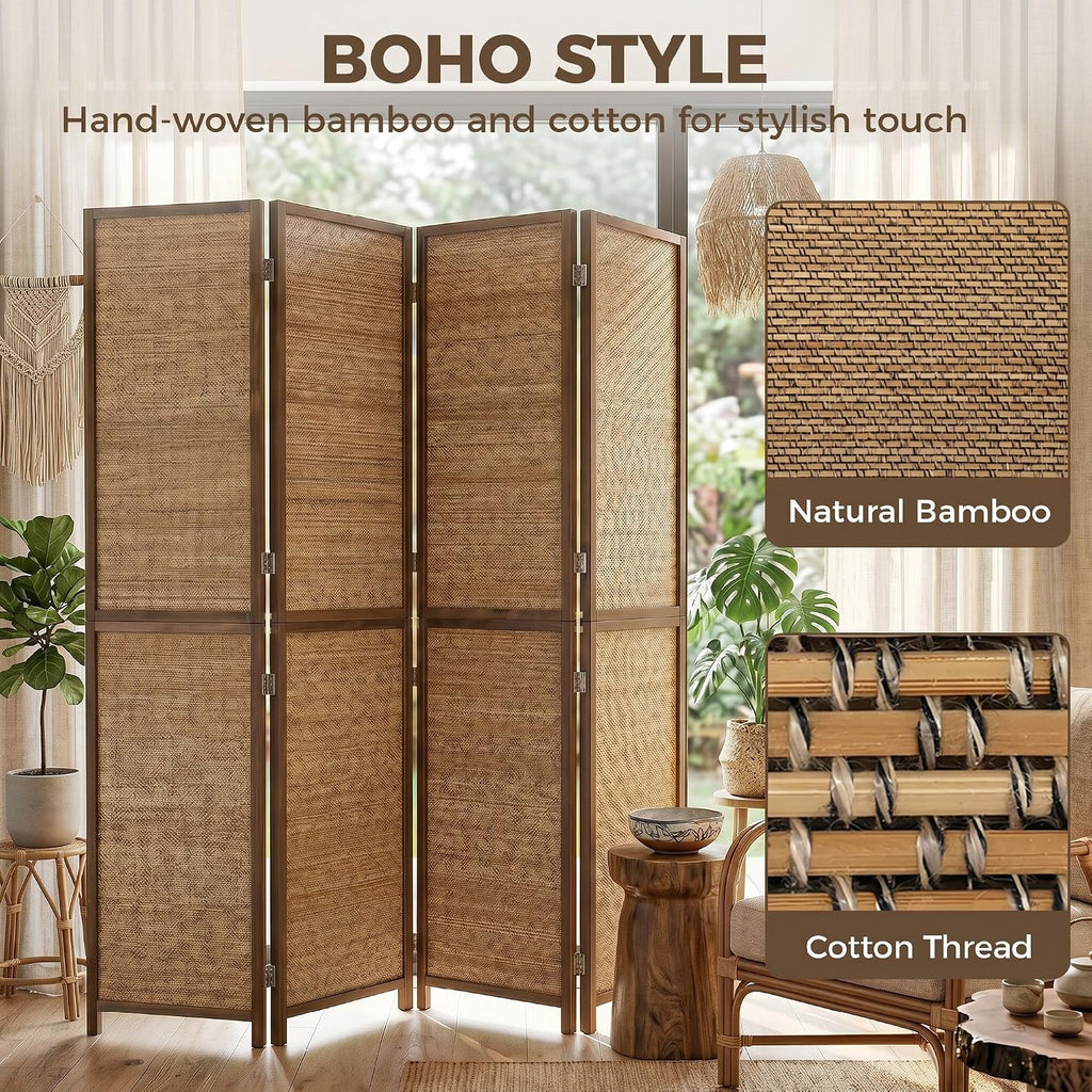 HOMCOM Room Divider, 6 FT Tall Folding Privacy Screen, 4-Panel Boho Brown