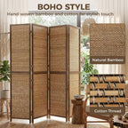 HOMCOM Room Divider, 6 FT Tall Folding Privacy Screen, 4-Panel Boho Brown