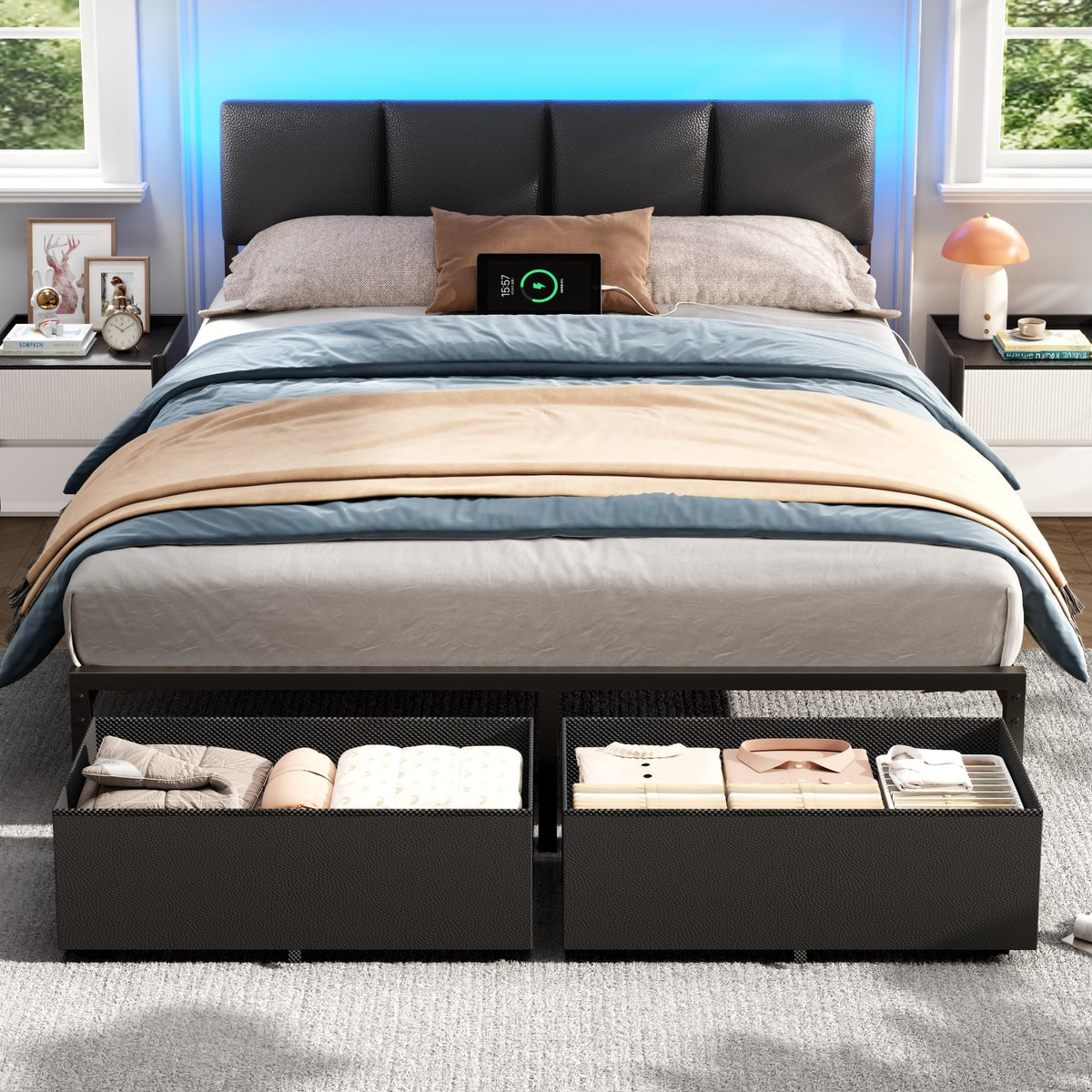 Furnulem Full Size Bed Frame with Upholstered Headboard & 2 Storage Drawers