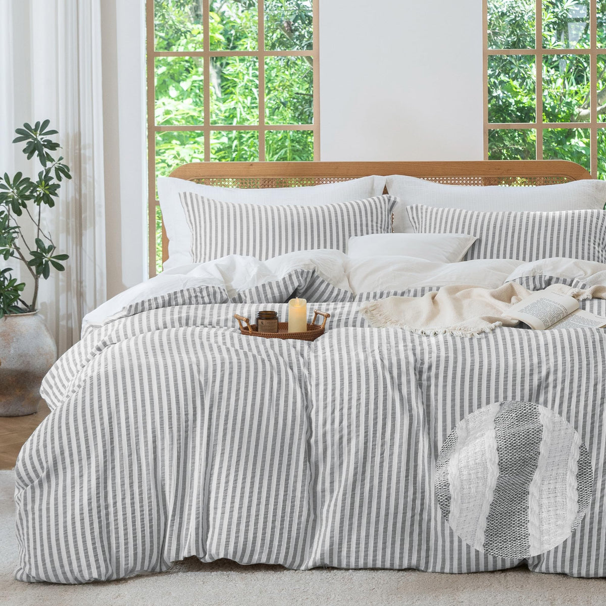 MILDLY Jacquard Striped Duvet Cover Set 3pcs Dual Zipper Pink Queen