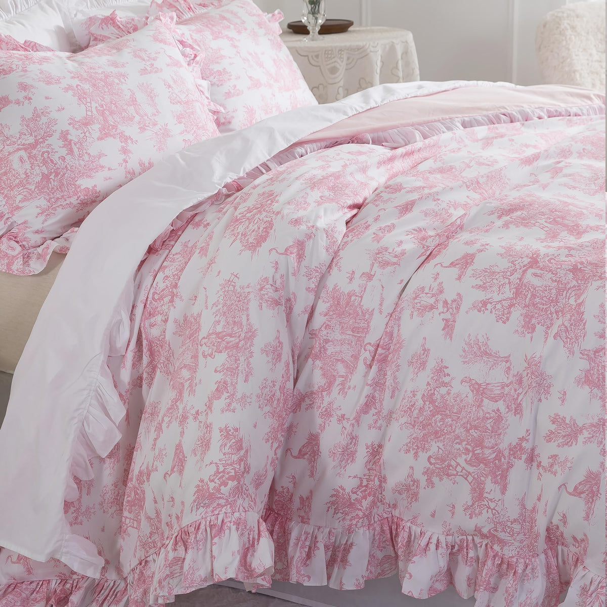 Brandream French Country Toile Queen Duvet Cover Set for Girl Women Bedroom Vintage Pink Toile Floral Print 100% Cotton Duvet Quilt Comforter Cover Pillow Shams Set with Delicate Ruffle Fringe