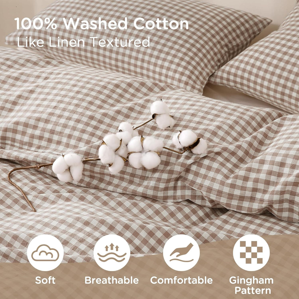 TOCOMOA Tan Gingham Duvet Cover Set Washed Cotton Like Linen, Cal King