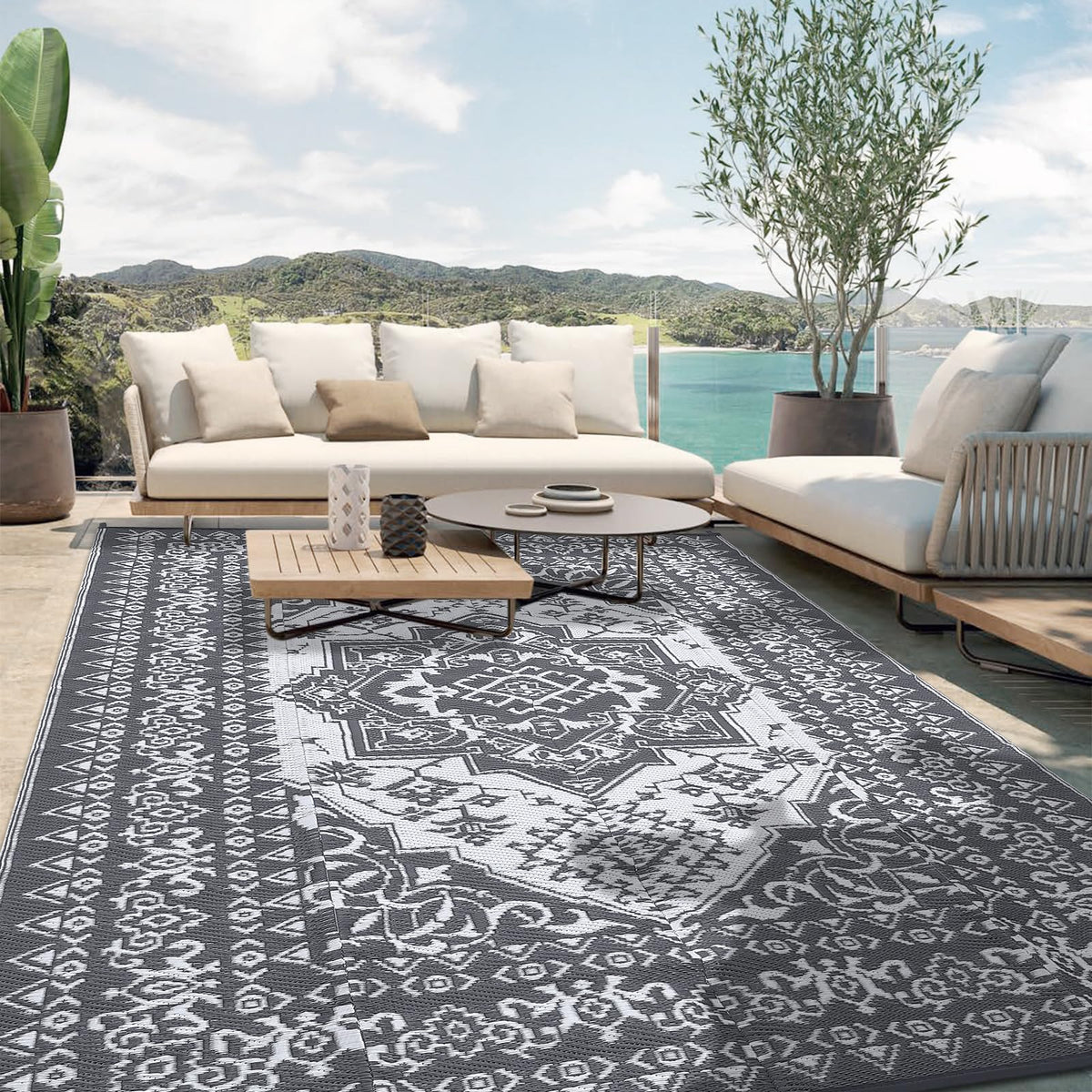 Outdoor Rugs 9x18 Reversible Mats Outdoor Plastic Straw Rug Waterproof Patio Rug Vintage Reversible Mats for Rv Deck Balcony Picnic, Beach, Trailer, Camping, Vintage|Light Blue
