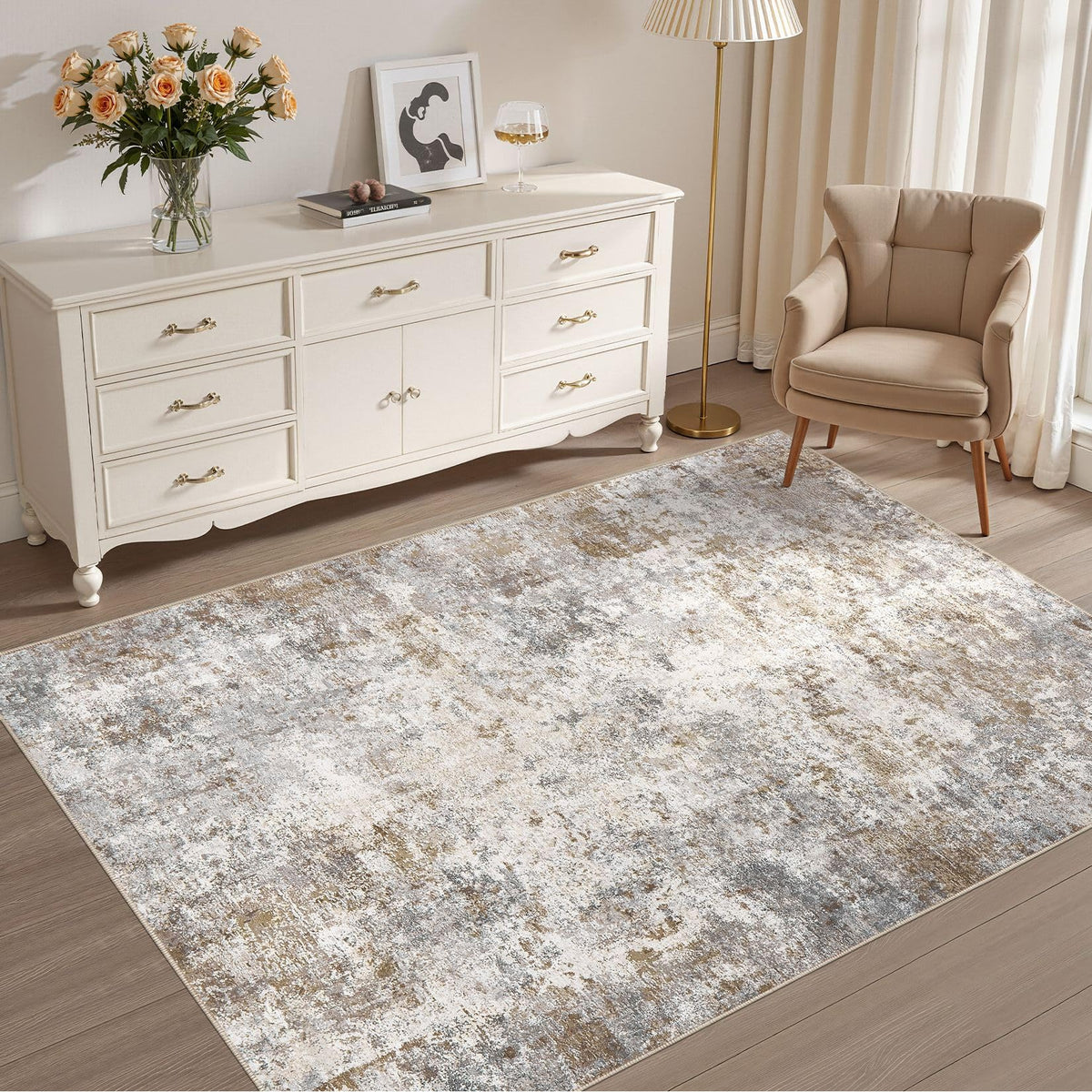 UERMEI 9x12 Area Rug Living Room Rugs - Washable Neutral Modern Abstract Soft Thin Large Rug Indoor Floor No Slip Rug Carpet for Bedroom Under Dining Table Home Office Decor - Brown Grey