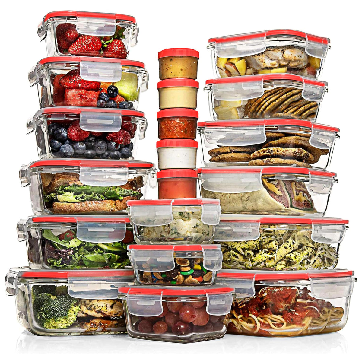 Razab 35 Pc Set Glass Food Storage Containers with Lids - Meal Prep Airtight Bento Boxes BPA-Free 100% Leak Proof (15 lids,15 glass & 5 Plastic Sauce/Dip Containers)