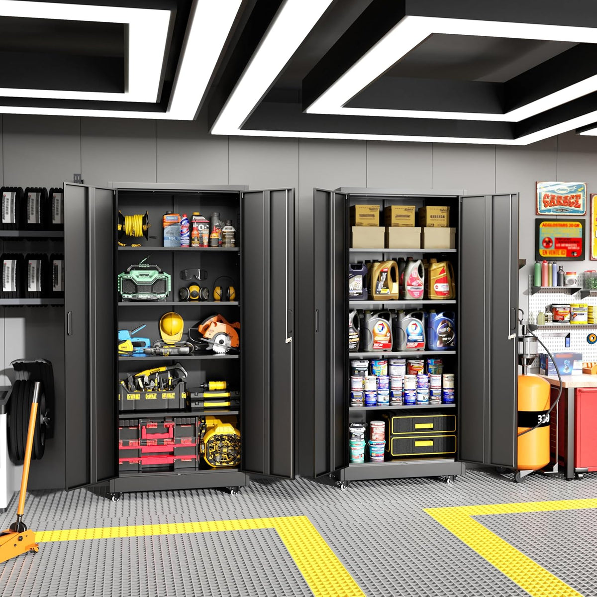 Greenvelly Metal Garage Storage Cabinet with 4 Swivel Wheels, 73" Black Storage Cabinet on Wheels, Rolling Tool Cabinet with Locking Doors and Shelves for Garage, Basement, Home, Warehouse