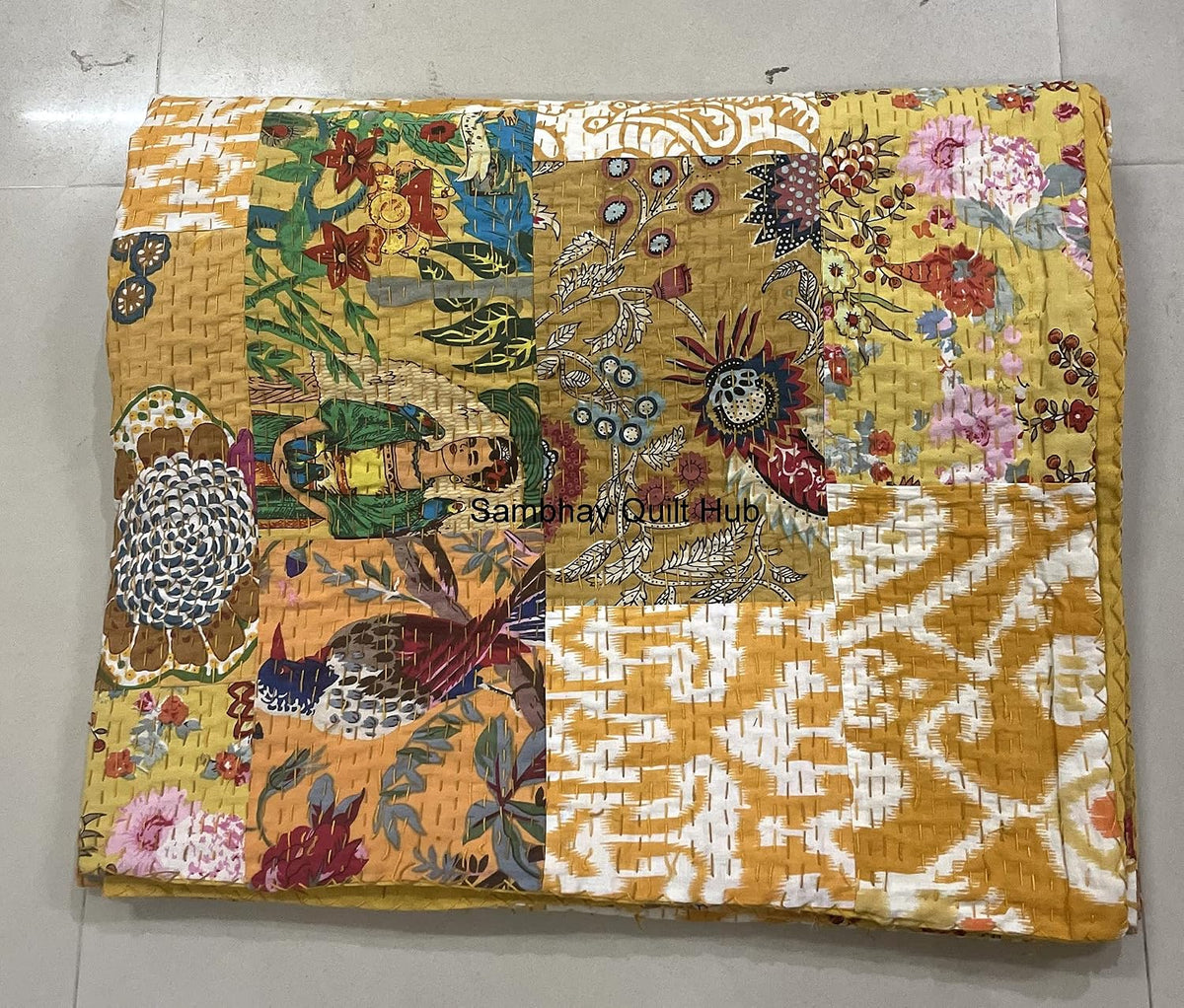 Traditional Handblock Print Multi Floral Assorted Cotton Patchwork Kantha Quilt Home Decorative Handmade Patch Quilted King Size Bohemian Bedding Throw Blanket Vintage Quilt (Yellow, 108X108 inches)