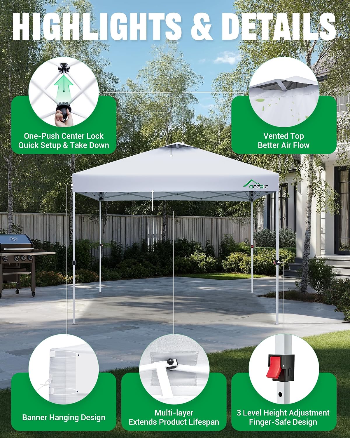 Acepic 10x10 Pop Up Canopy Tent, Easy Setup Portable Shelter, White, 10*10