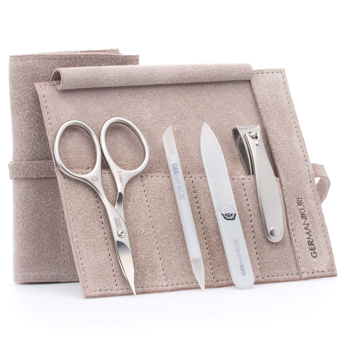 GERMANIKURE 7pc Manicure & Pedicure Set, FINOX Steel, Purple Leather Roll