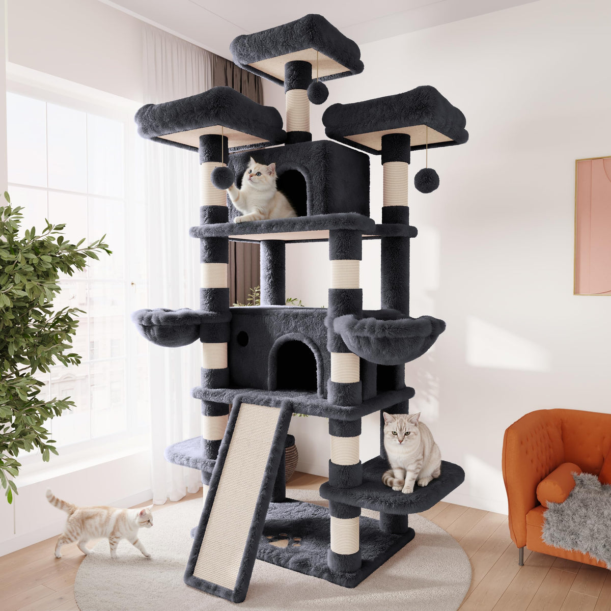 SHA CERLIN 68 Inches Multi-Level Large Cat Tree for Large Kitties/Big Cat Tower with Condo/Cozy Plush ‌Pussycat Perches/Sisal Scratching Posts and Hammocks/Activity Center/Leopard Print