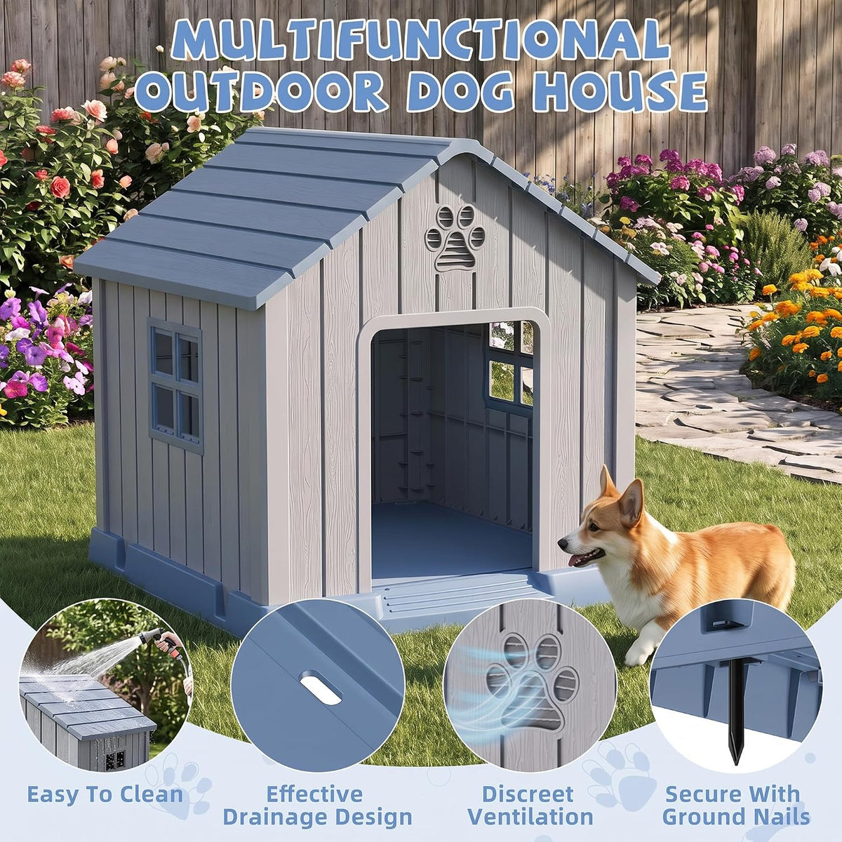 35 Inch Dog House Outdoor with Windows,Indoor/Outdoor,Blue