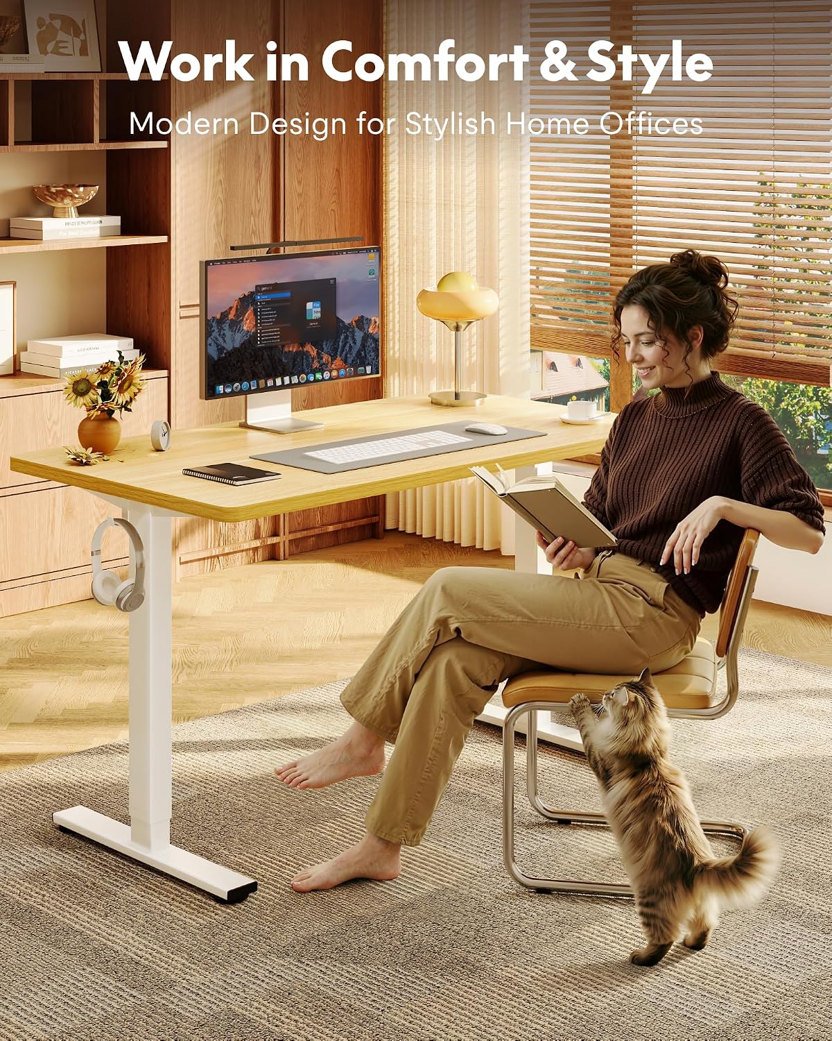 FLEXISPOT EN1 One-Piece Standing Desk, Electric Adjustable with 4 Memory Presets, 176 LBS Capacity, Stable & Quiet, Seamless Desktop for Home Office & Dual Monitors, 48"x24" Maple(White Frame)
