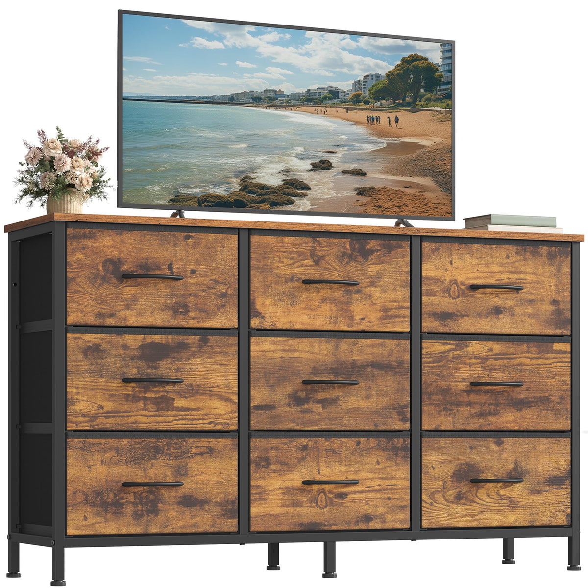 SONGMICS Dresser with 9 Fabric Drawers, TV Stand for TVs Up to 70 Inches
