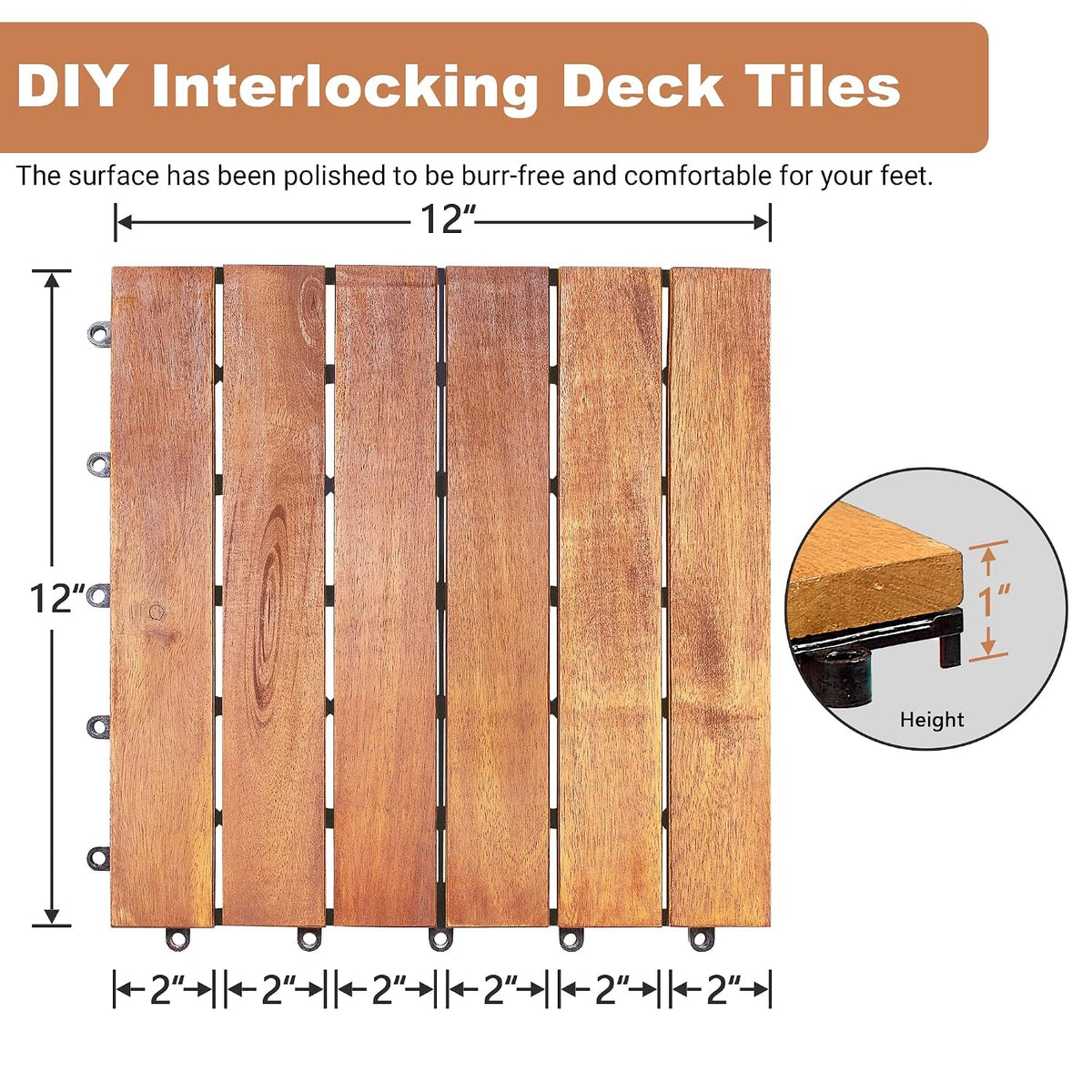 PrimeZone 54 PCS Solid Acacia Wood Interlocking Deck Tiles, Natural Wood