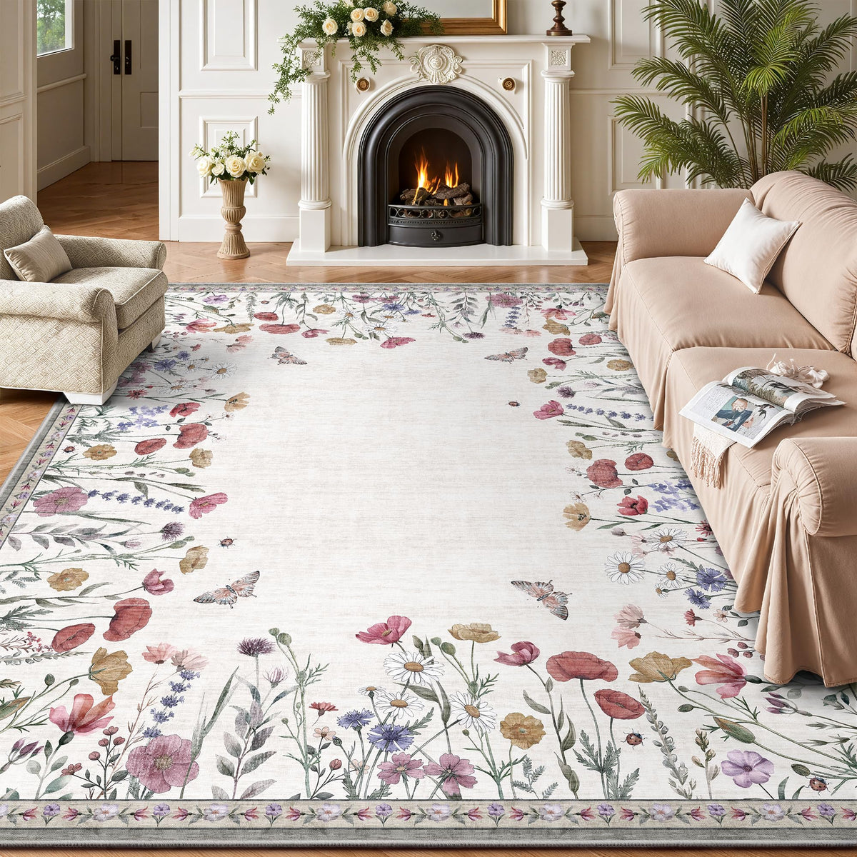 8x10 Area Rugs, Machine Washable Low Pile Floral Rugs for Living Room, Bedroom, Large Boho Area Rug with Non-Slip Backing for Dining Room(Pink Floral)