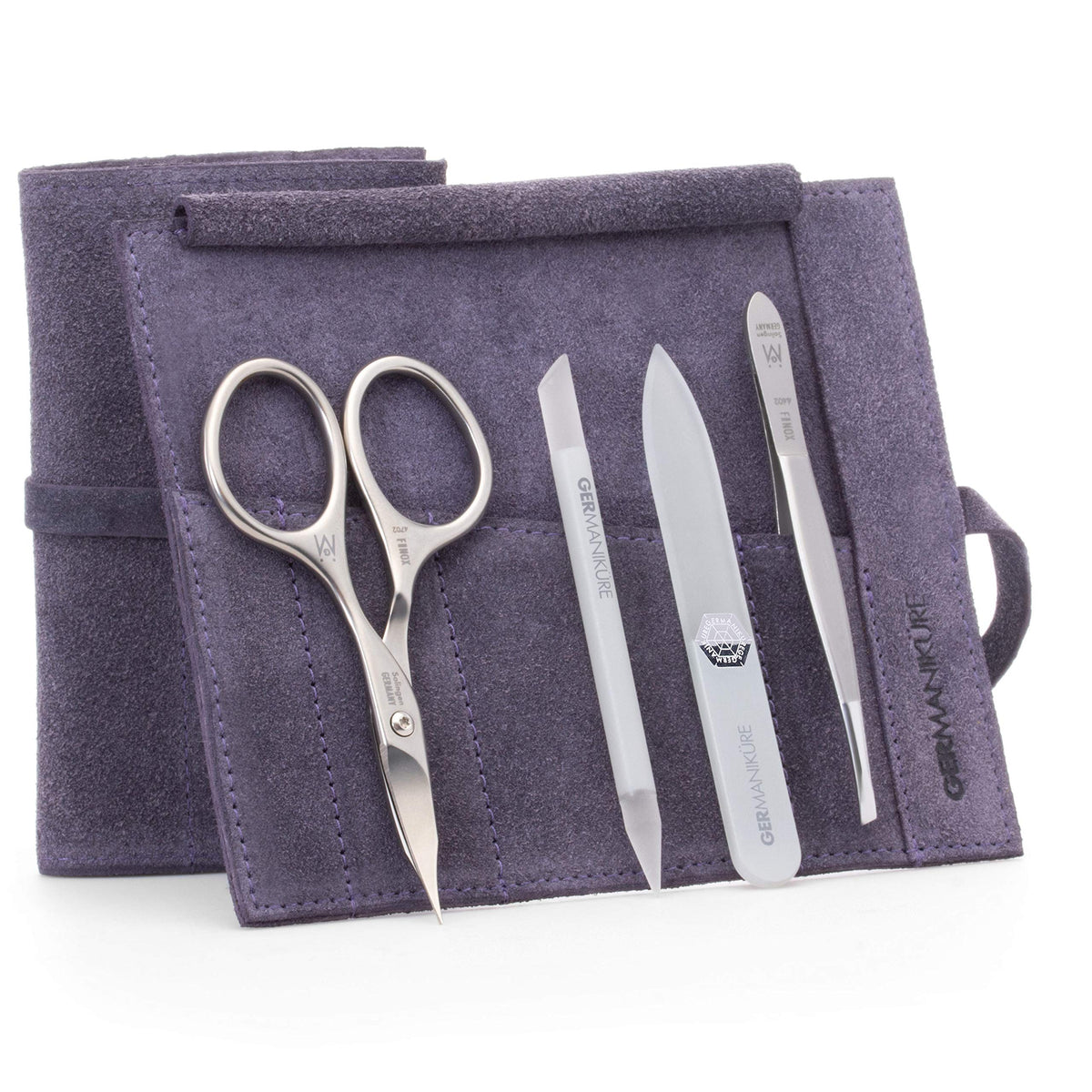 GERMANIKURE 7pc Manicure & Pedicure Set, FINOX Steel, Purple Leather Roll