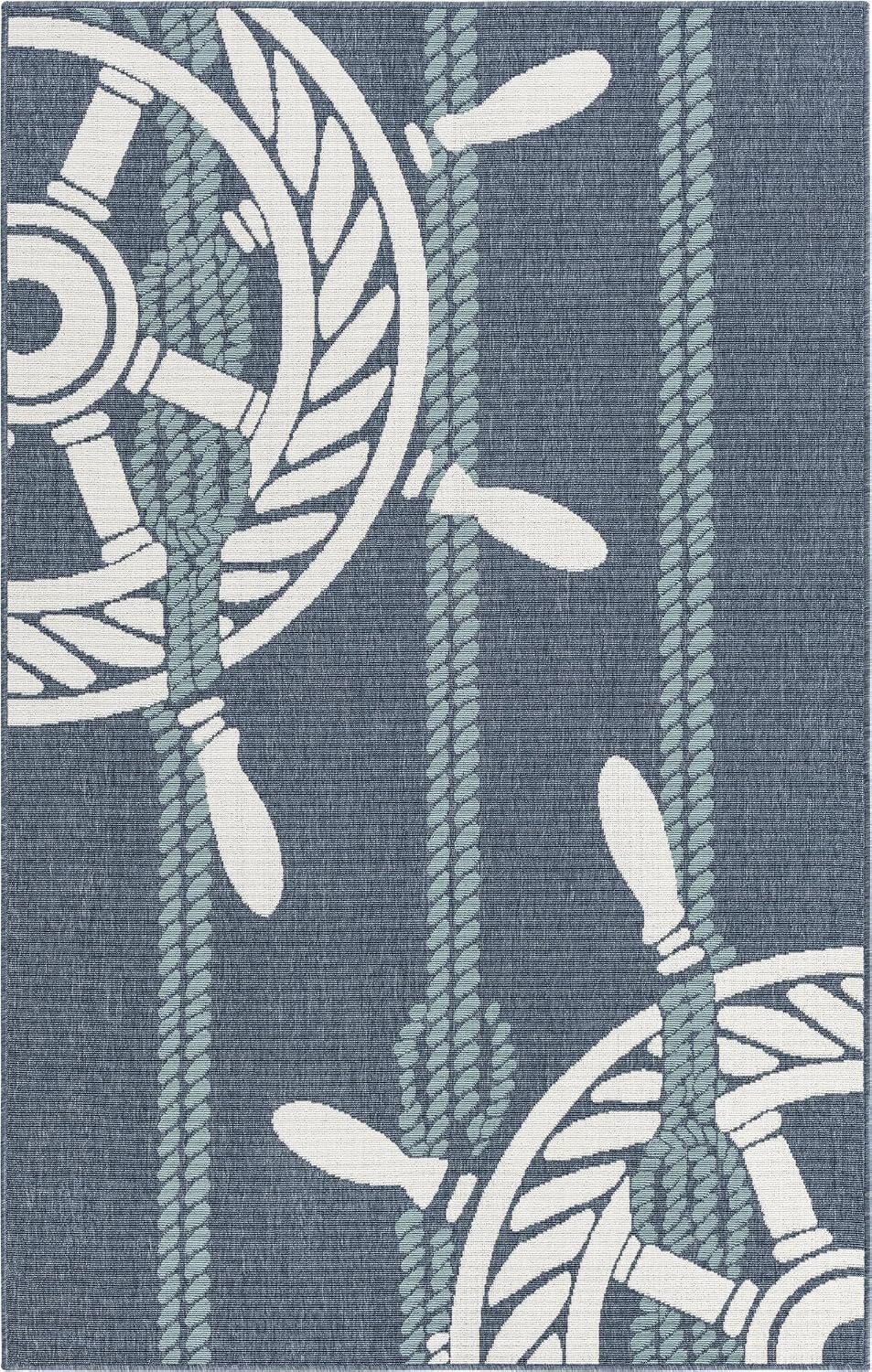 Rugs.com - Outdoor Coastal Rug – 5' 3 x 8' Navy Blue Washable Indoor/Outdoor Rug – Nautical Ship Wheel Design for Patios, Decks, and Porches