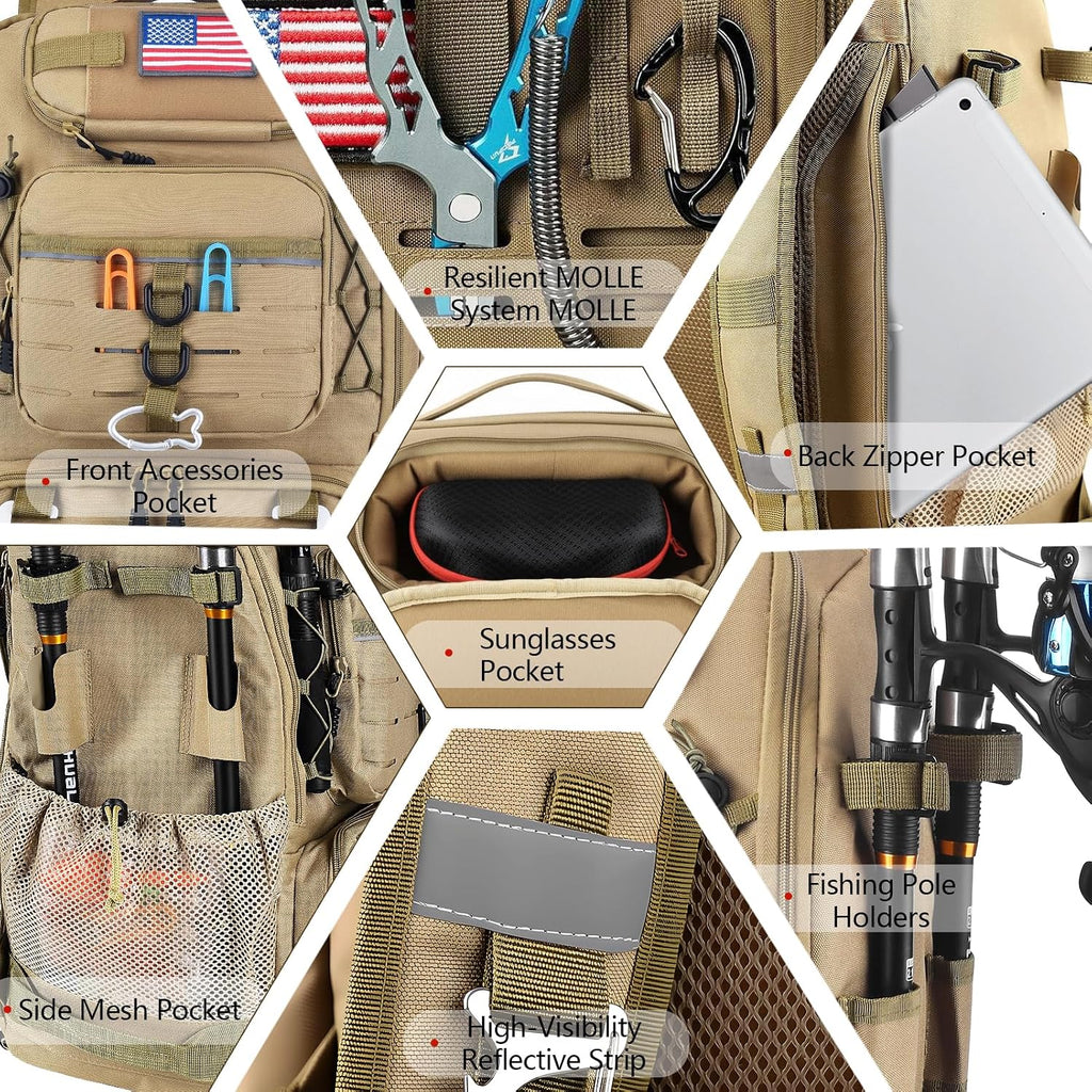 29L Multi-Compartment Fishing Tackle Backpack with 4 Rod Holder, Integrated Cooler and Rain Cover