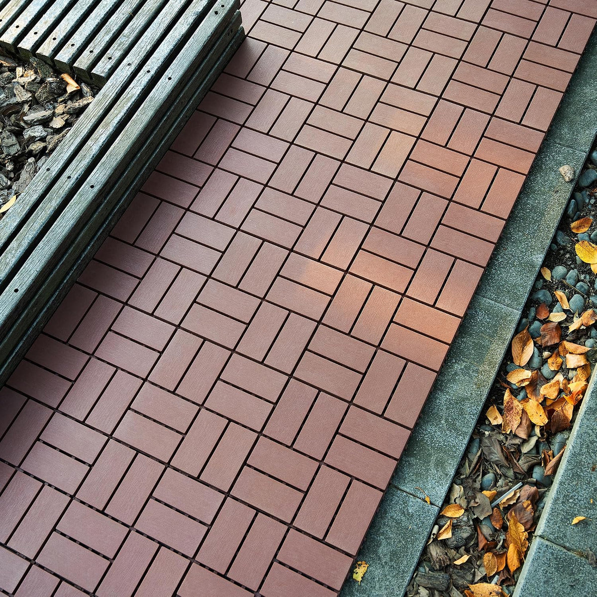 Deck Tiles for Outdoor, Plastic Outdoor Flooring Tiles, Kitchen Non Slip Polypropylene Interlocking Flooring Tile Waterproof for Balcony and Patio, 44 Pack, 12"x12" Square, All Weather Use, Brown