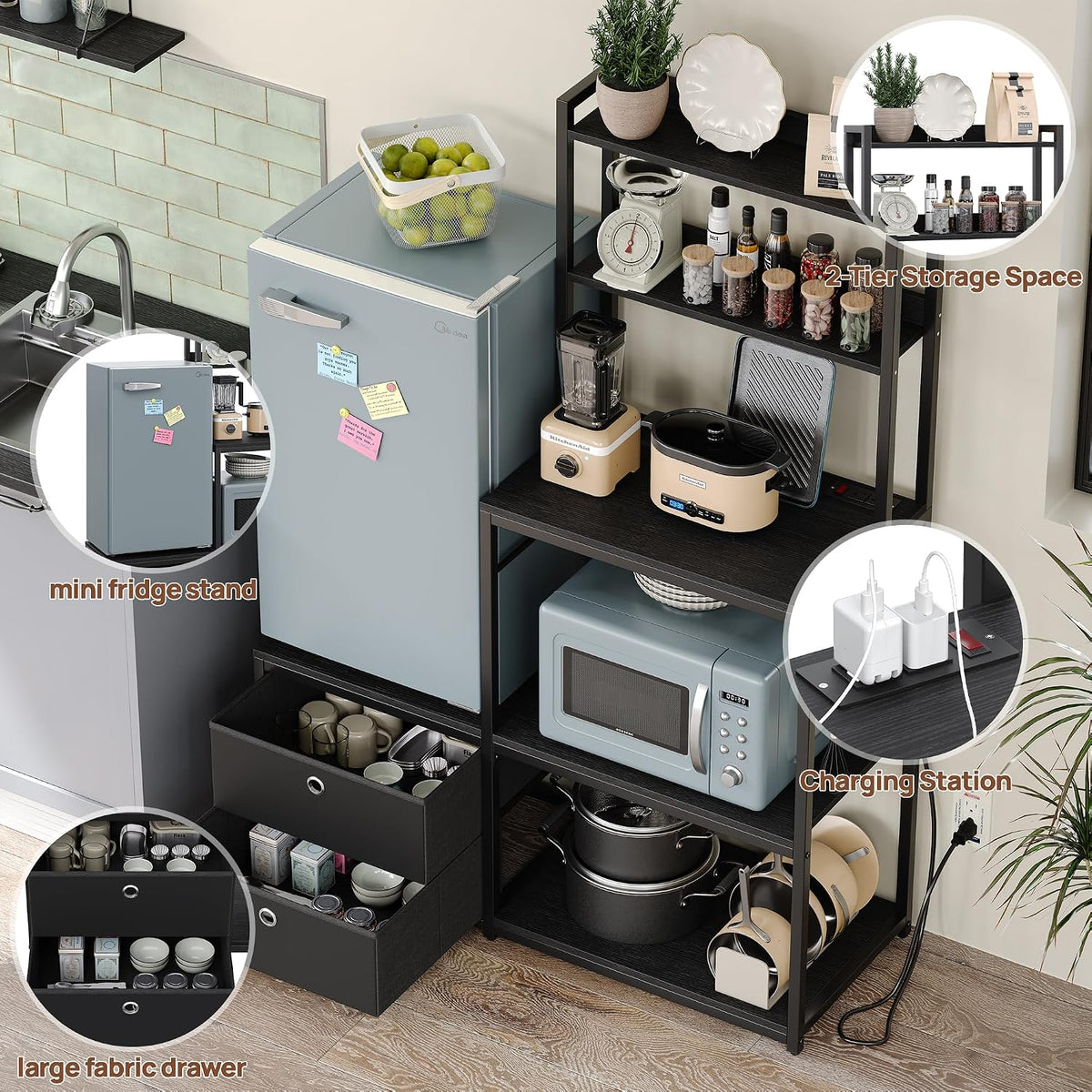 Furniouse Mini Fridge Stand with Storage, Refrigerator Cabinet with Power Outlet - Multifunctional Microwave Stand, Coffee Bar Station for Dorm, Office and Kitchen, Black