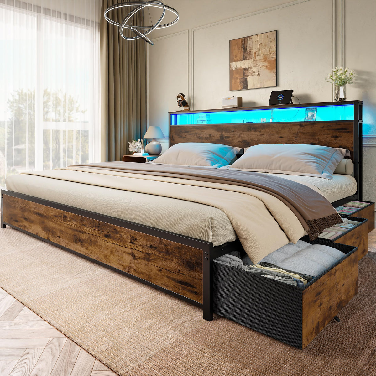 Forestell King Size Bed Frame with 2-Tier Storage Headboard & 6 Drawers