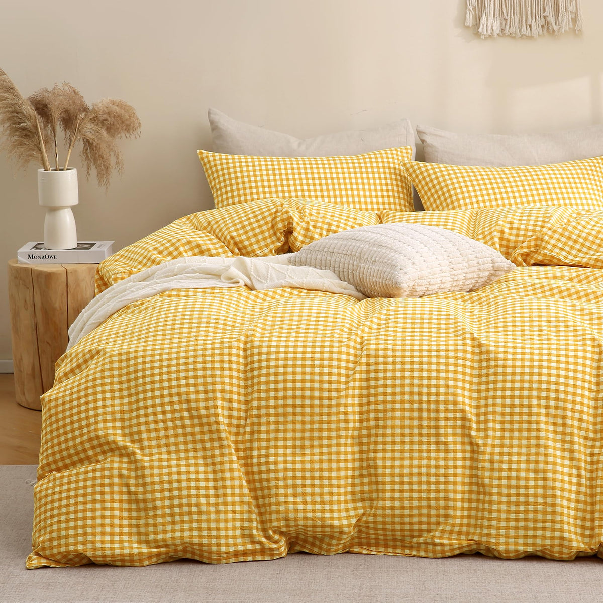 TOCOMOA Tan Gingham Duvet Cover Set Washed Cotton Like Linen, Cal King