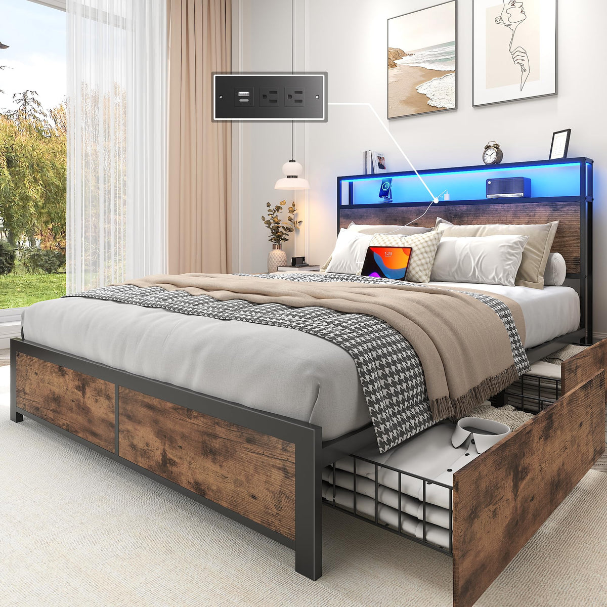 Lifezone Queen Bed Frame with 2-Tier Storage Headboard, Metal Platform Bed Frame with 4 Storage Drawers, Built in Charging Station & LED, Noise-Free/Metal Support/No Box Spring Needed, Rustic Grey