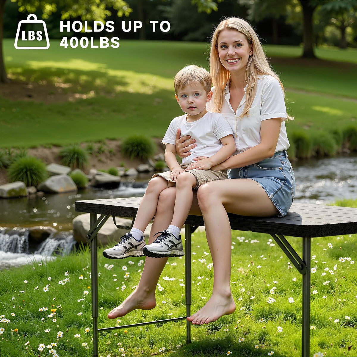 4 FT Folding Table, 3-Position Adjustable Height, Heavy Duty 400 lbs Capacity, Portable Table for Camping, Party, Indoor & Outdoor (Black Wood Grain, 2 Pack)