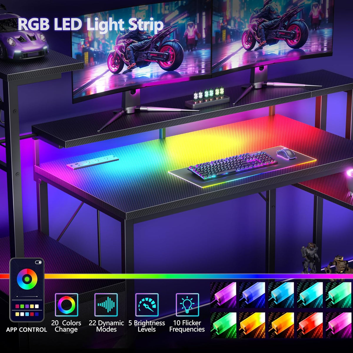 Korfile 48" Gaming Desk with Power Outlet, LED, Carbon Fiber Black Finish