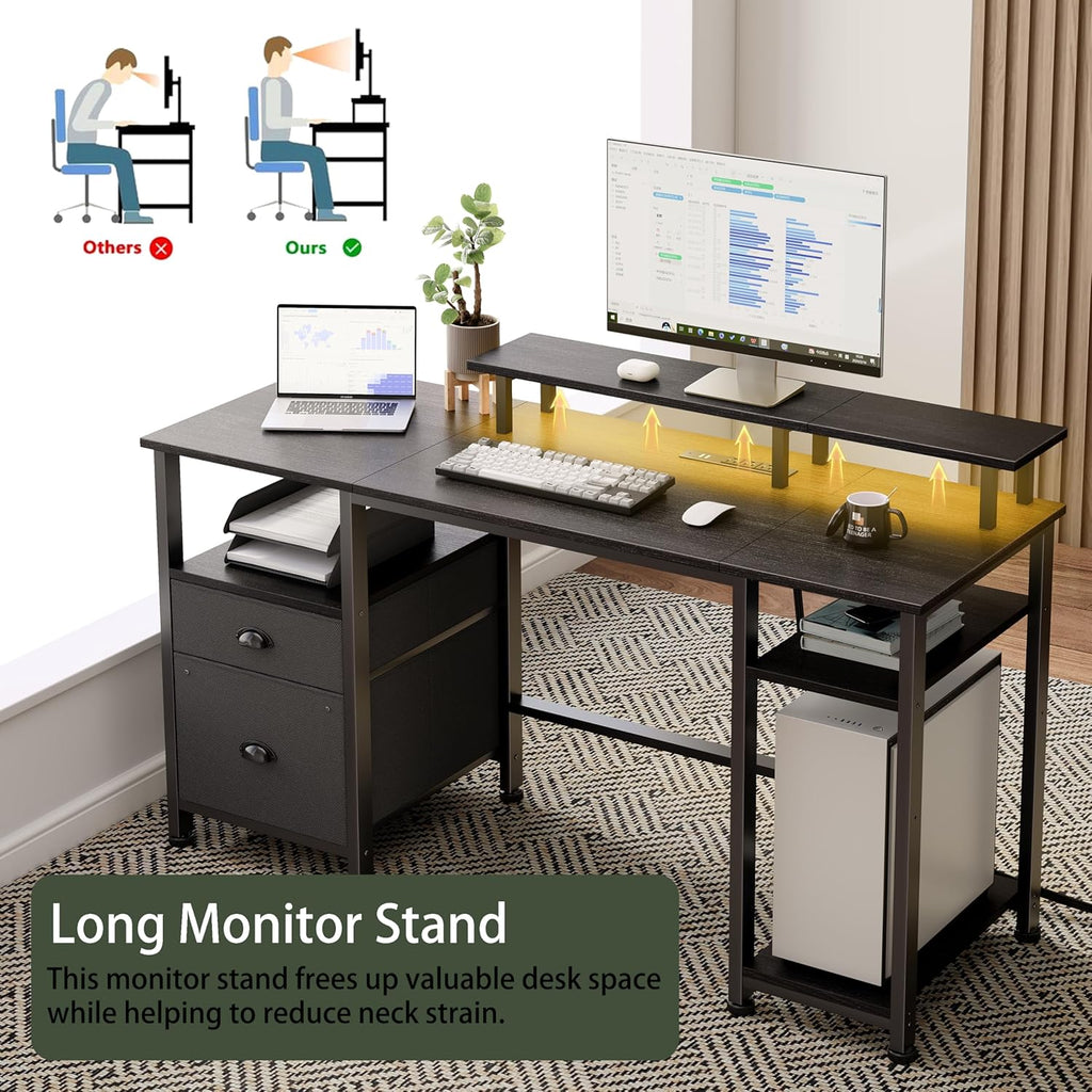 Furologee 51" Gaming Desk with Outlets & LED, Computer Office Desk, Black
