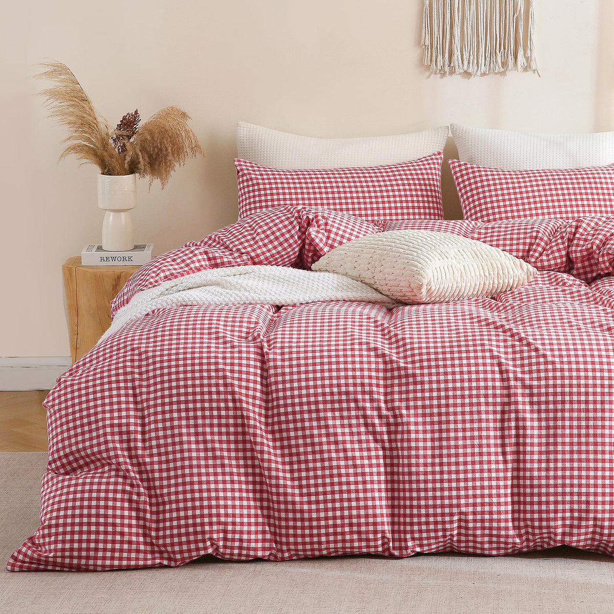 TOCOMOA Tan Gingham Duvet Cover Set Washed Cotton Like Linen, Cal King