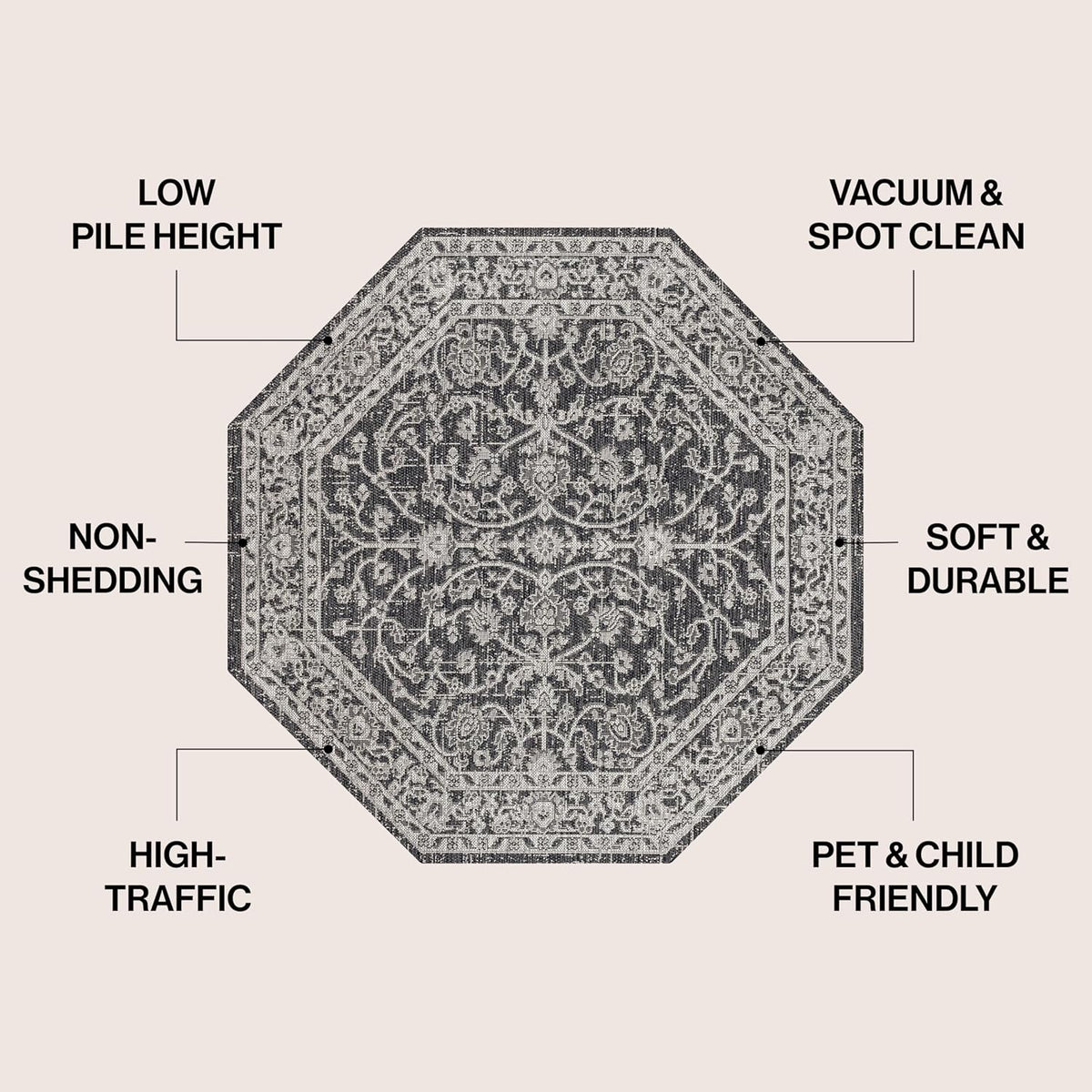 Eyely Vine and Border Octagon Area Rug 8 Ft Black/Gray, Indoor Outdoor Rug