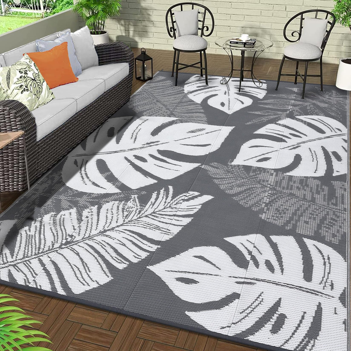Outdoor Rugs 9x18 Reversible Mats Outdoor Plastic Straw Rug Waterproof Patio Rug Vintage Reversible Mats for Rv Deck Balcony Picnic, Beach, Trailer, Camping, Vintage|Light Blue